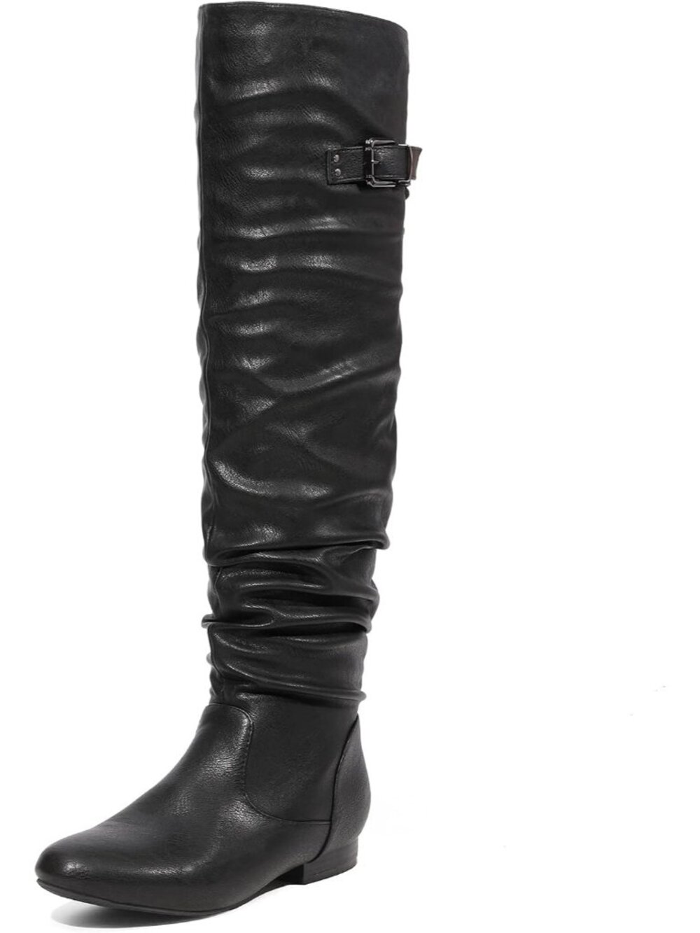 Women's Black Pu Flat Heel Pointed Toe Slouch Over The Knee Thigh High Boots